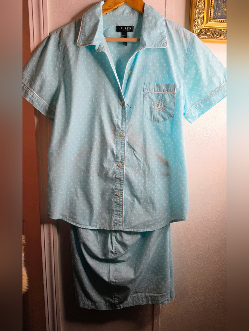 Light Blue Polka Dot Womens  Pajama Set with Pocket Monogram